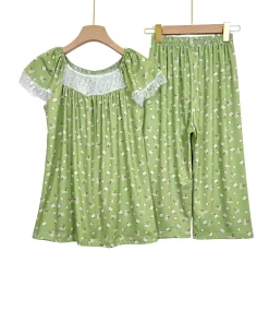 Women’s Summer Cotton Pajama Set with Lace – Short Sleeve Top & Capri Pants