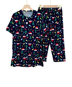 Alternative view of Women's Plus Size Summer Cotton Pajama Set - Short Sleeve Top with Buttons & Capri Pants