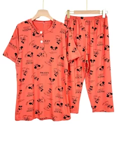 Women's Plus Size Summer Cotton Pajama Set - Short Sleeve Top with Buttons & Capri Pants