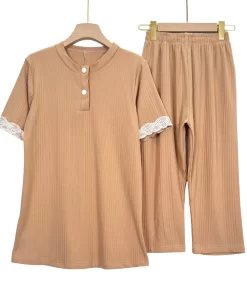 Women's Ribbed Summer Pajama Set – Short Sleeve with Lace