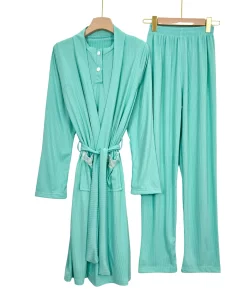 Ribbed Summer Women’s Pajama Set with Robe – Short Sleeve