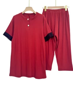 Women's Plus Size Ribbed Summer Pajama Set – Short Sleeve with Lace
