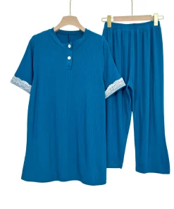 Alternative view of Women's Plus Size Ribbed Summer Pajama Set – Short Sleeve with Lace