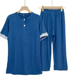 Alternative view of Women's Ribbed Summer Pajama Set – Short Sleeve with Lace