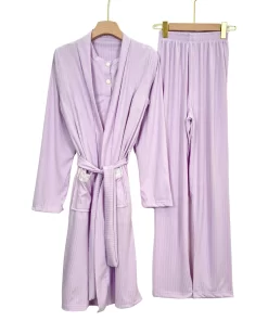 Alternative view of Ribbed Summer Women’s Pajama Set with Robe – Short Sleeve