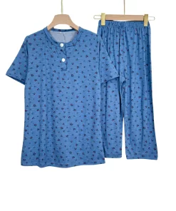 Women’s Summer Cotton Pajama Set – Button-Front Short Sleeve Top & Capri Pants