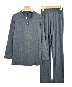 Alternative view of Serene Ribbed Summer Lounge Pajama Set – Women’s Long Sleeve Regular & Plus Sizes