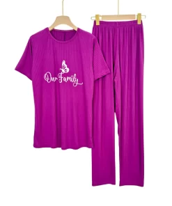 Alternative view of Women's Summer Ribbed Cotton Pajama Set – Plus Size – “Our Family” Print