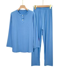 Serene Ribbed Summer Lounge Pajama Set – Women’s Long Sleeve Regular & Plus Sizes 2