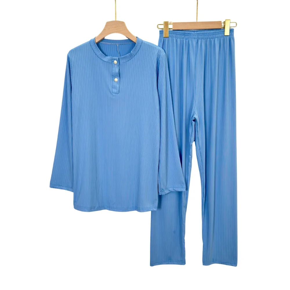 Serene Ribbed Summer Lounge Pajama Set – Women’s Long Sleeve Regular & Plus Sizes 2