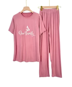 Women's Summer Ribbed Cotton Pajama Set – Plus Size – “Our Family” Print