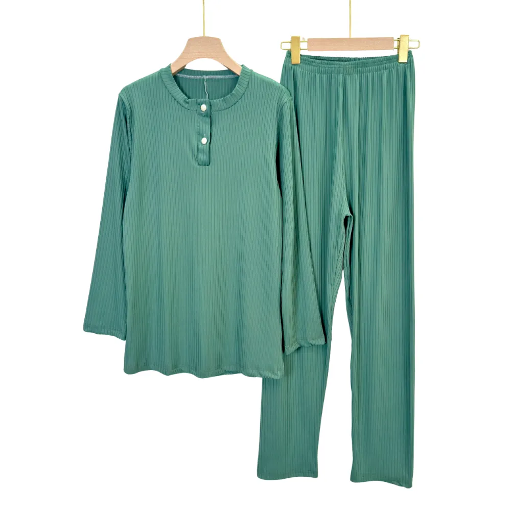 Serene Ribbed Summer Lounge Pajama Set – Women’s Long Sleeve Regular & Plus Sizes 2 - Image 2