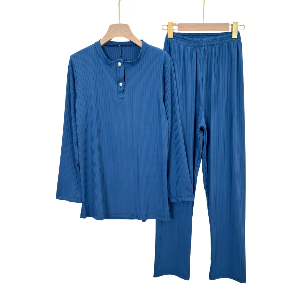 Serene Ribbed Summer Lounge Pajama Set – Women’s Long Sleeve Regular & Plus Sizes 2 - Image 3