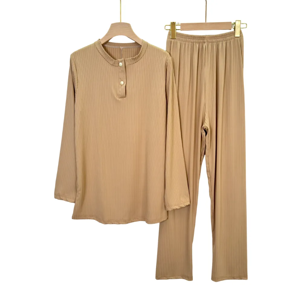 Serene Ribbed Summer Lounge Pajama Set – Women’s Long Sleeve Regular & Plus Sizes 2 - Image 4