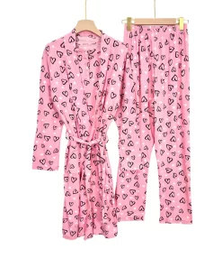 Women's Summer Cotton  Pajama Set – 3-Piece Robe with Sleeveless Top & Pants – Heart Print