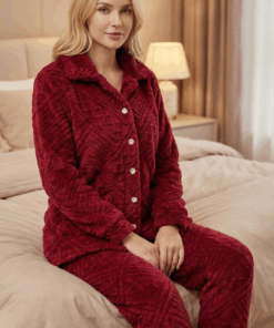 Women’s Fur Pajama Set – Button-Down Cozy Winter Sleepwear (Regular & Plus Size)