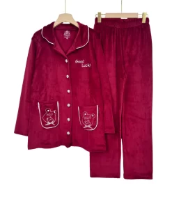 Women’s Velvet Pajama Set – Thick Plush with “GL” Embroidery Plain