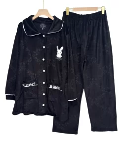 Women’s Velvet Pajama Set – Thick Plush with “Bunny” Embroidery (Plus Size)