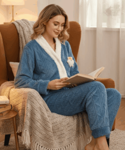 Women’s Fur Pajama Set – Button-Down with White Trim