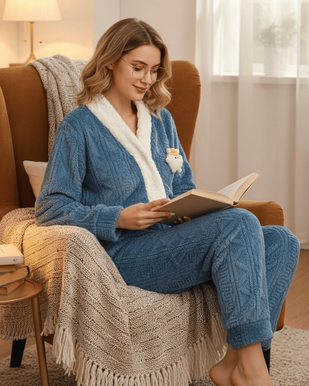 Women’s Fur Pajama Set – Button-Down with White Trim