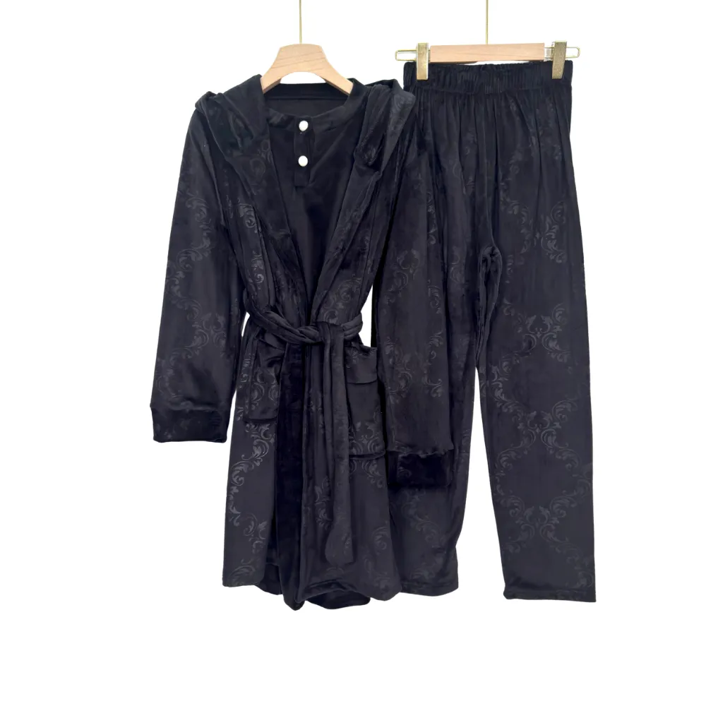 Women’s Velvet Pajama Set – 3-Piece Winter Sleepwear with Robe