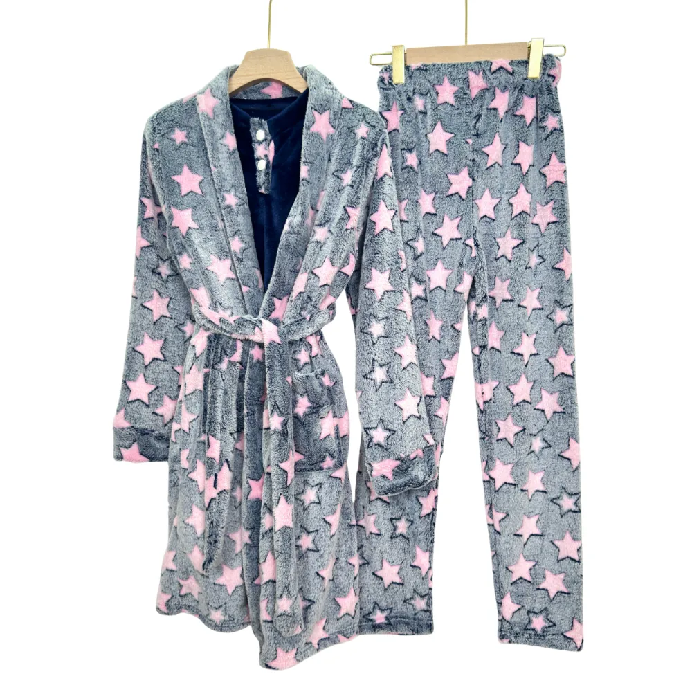 Women’s Mohair Pajama Set – 3-Piece Printed Sleepwear with Robe (Regular & Plus Size) WO