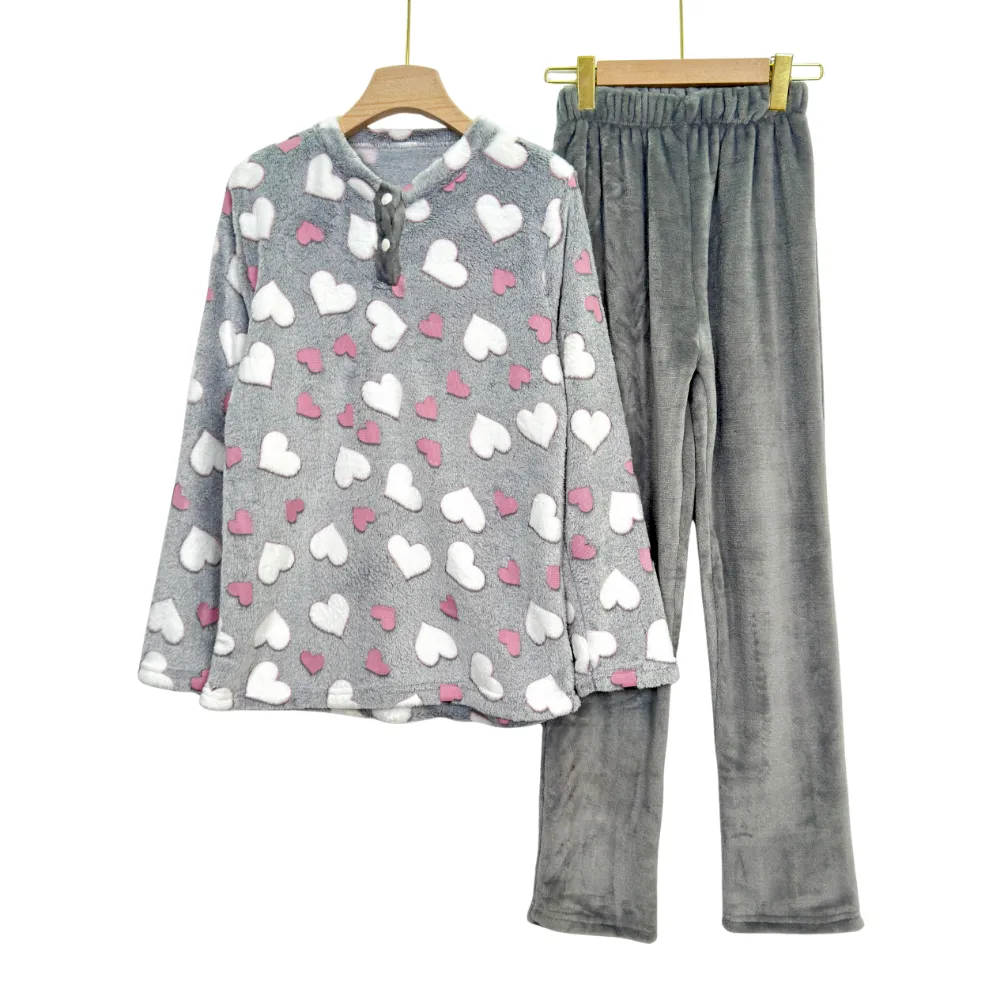 Women’s Winter Pajama Set – 3-Layer Mohair Fabric with Hearts Print (Regular & Plus Size)