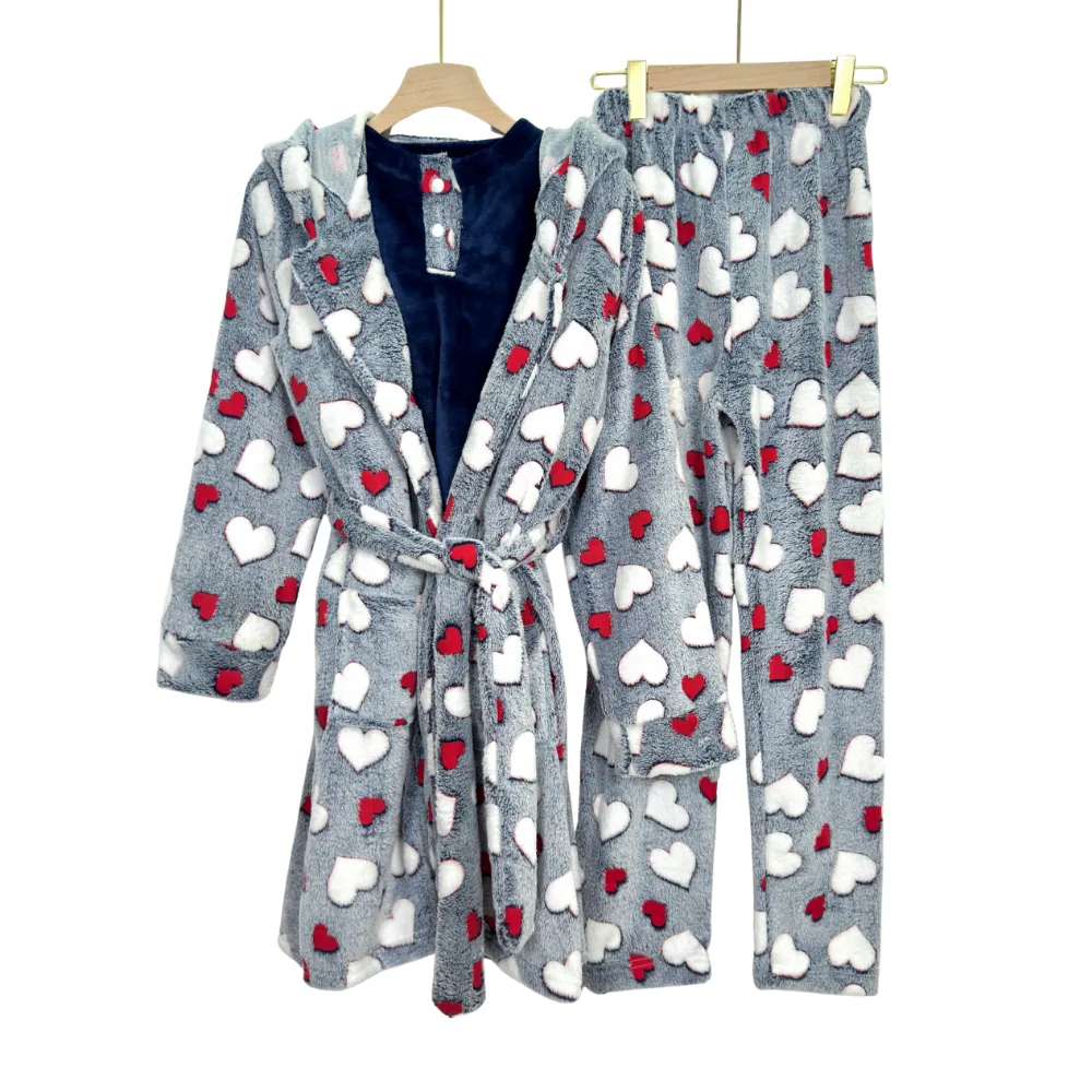 Women’s 3-Piece Winter Pajama Set – Mohair Fabric with Hearts Print Robe With hoodie (Regular & Plus Size)
