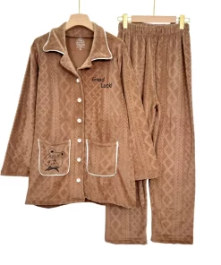 Women’s Velour Pajama Set – Embroidered Button-Down Sleepwear GL