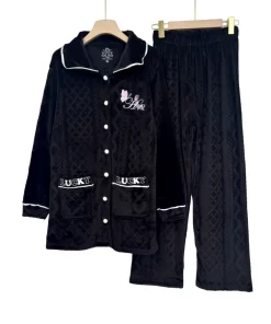 Women’s Velour Pajama Set – Embroidered Button-Down Sleepwear HSL