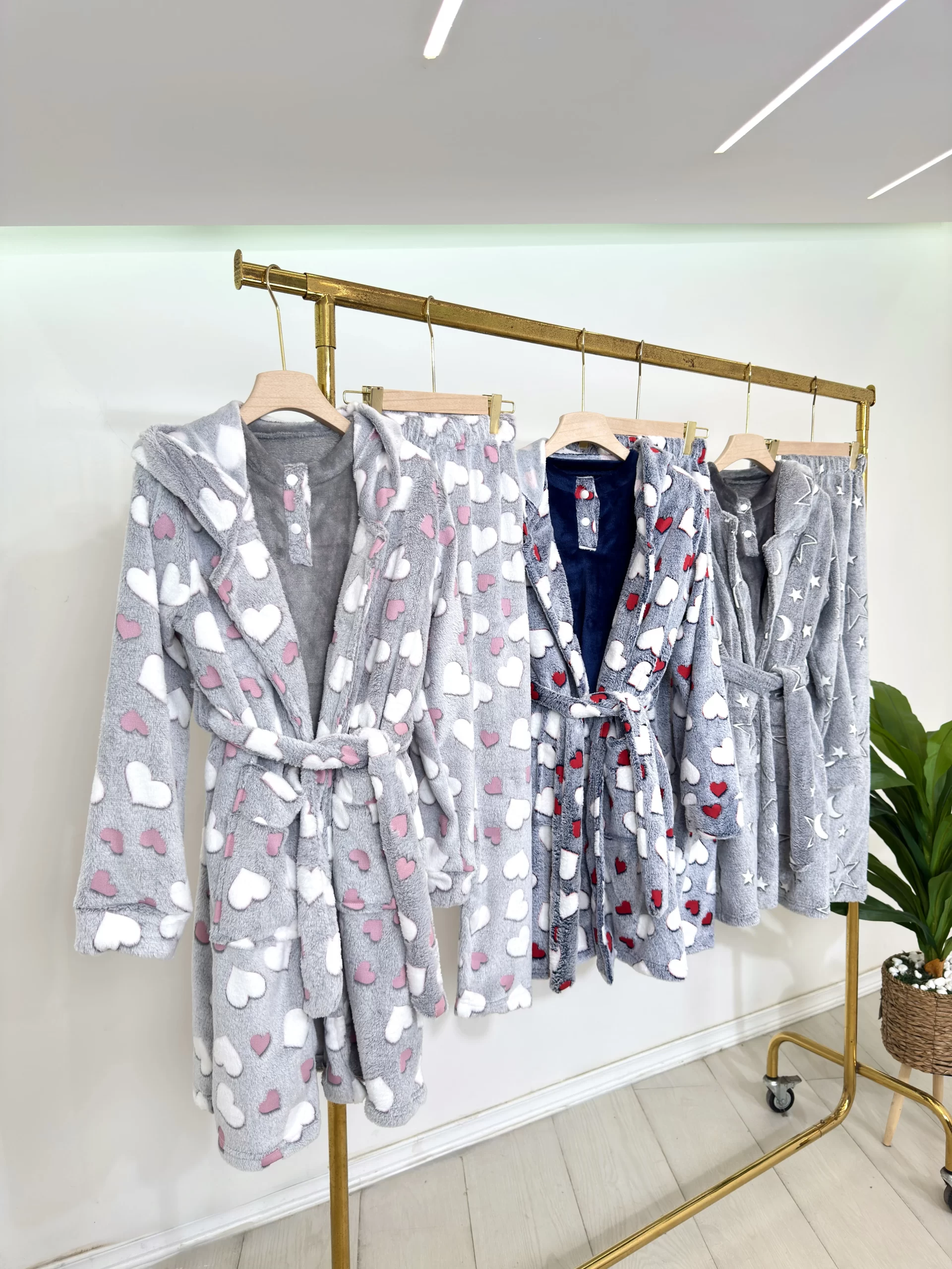 Women’s 3-Piece Winter Pajama Set – Mohair Fabric with Hearts Print Robe With hoodie (Regular & Plus Size) - Image 2