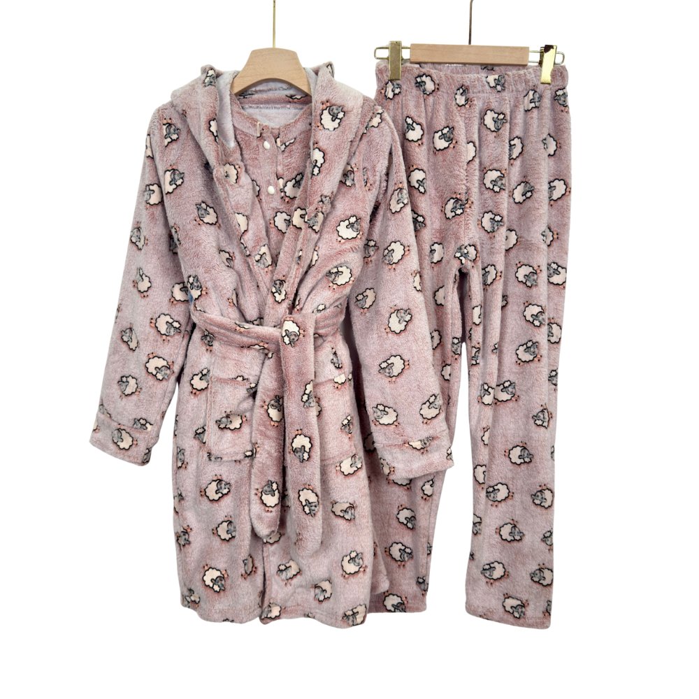 Women’s Mohair 3-Piece Pajama Set with Sheep Print Robe – Ultra Soft