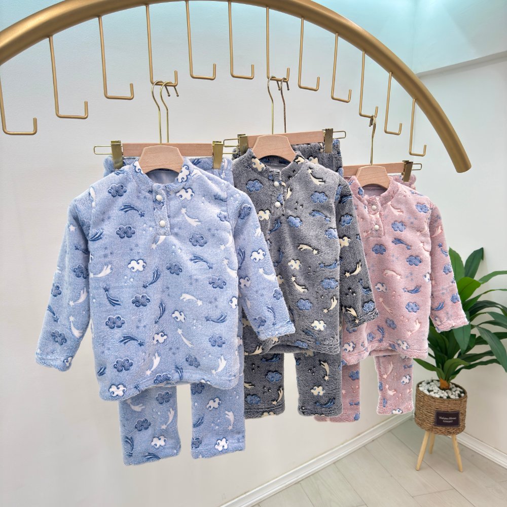 Kid’s Mohair Pajama Set with Cloud & Bunny Print Robe – Soft Cozy Winter Wear (Unisex) - Image 2
