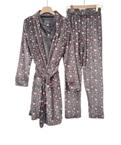 Women’s Mohair 3-Piece Pajama Set with MINI HEART Print Robe – Soft Cozy Winter Wear