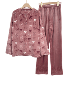 Women’s Mohair  Pajama Set with BOW Print  – Soft Cozy Winter Wear