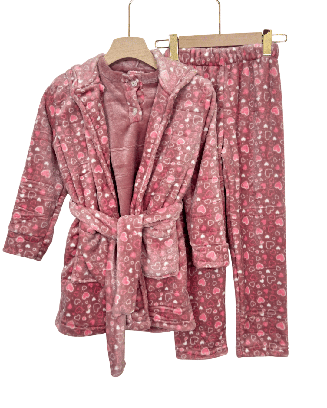 Kid’s Mohair 3-Piece Pajama Set with MINI HEART Print Robe – Soft Cozy Winter Wear