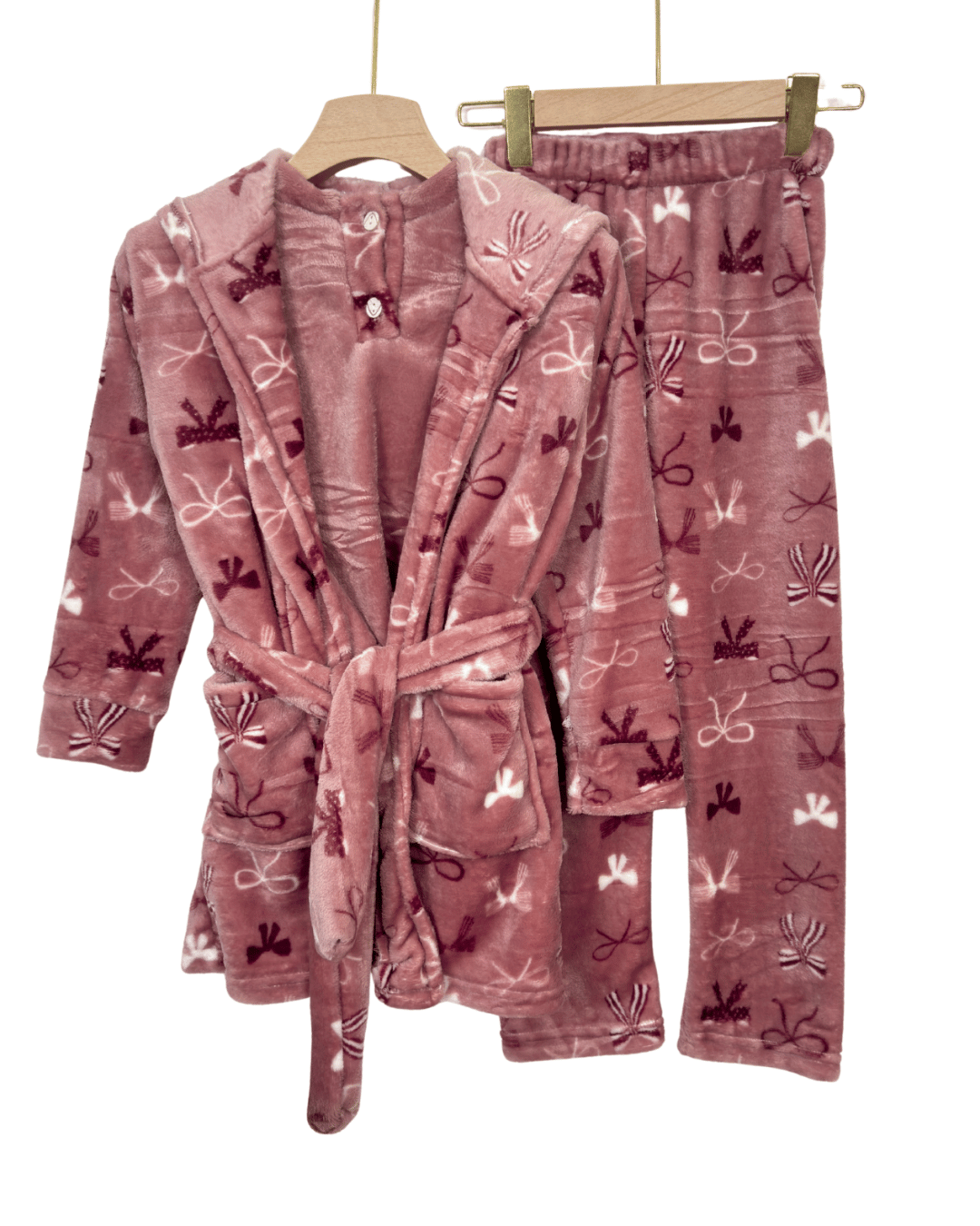 Kid’s Mohair 3-Piece Pajama Set with BOW Print Robe – Soft Cozy Winter Wear