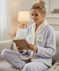 Women’s Fur Pajama Set – Button-Down with White TrimM