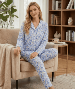 Women's Printed Cotton Blend Pajamas - Long Sleeve Button-Up Set