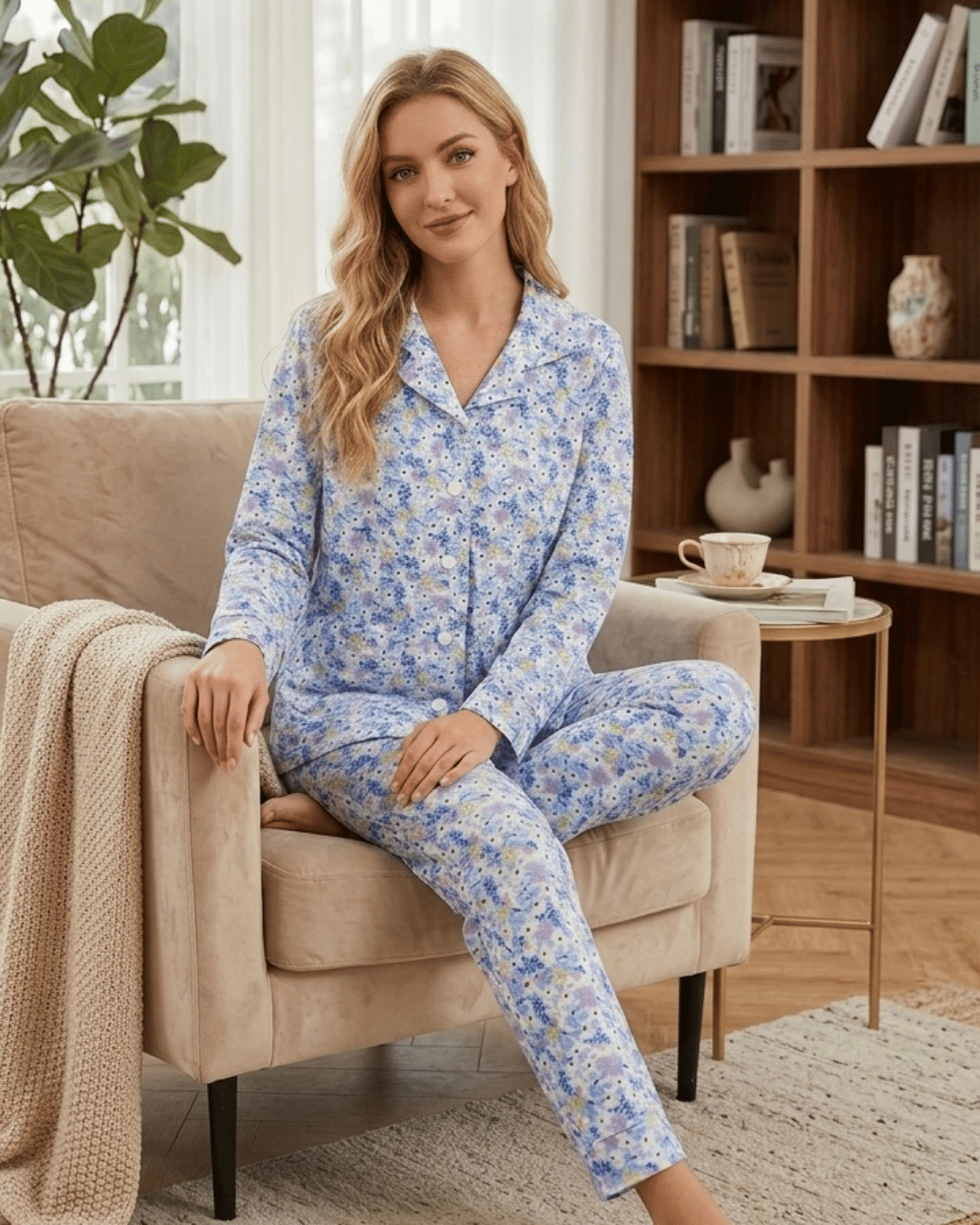 Women's Printed Cotton Blend Pajamas - Long Sleeve Button-Up Set