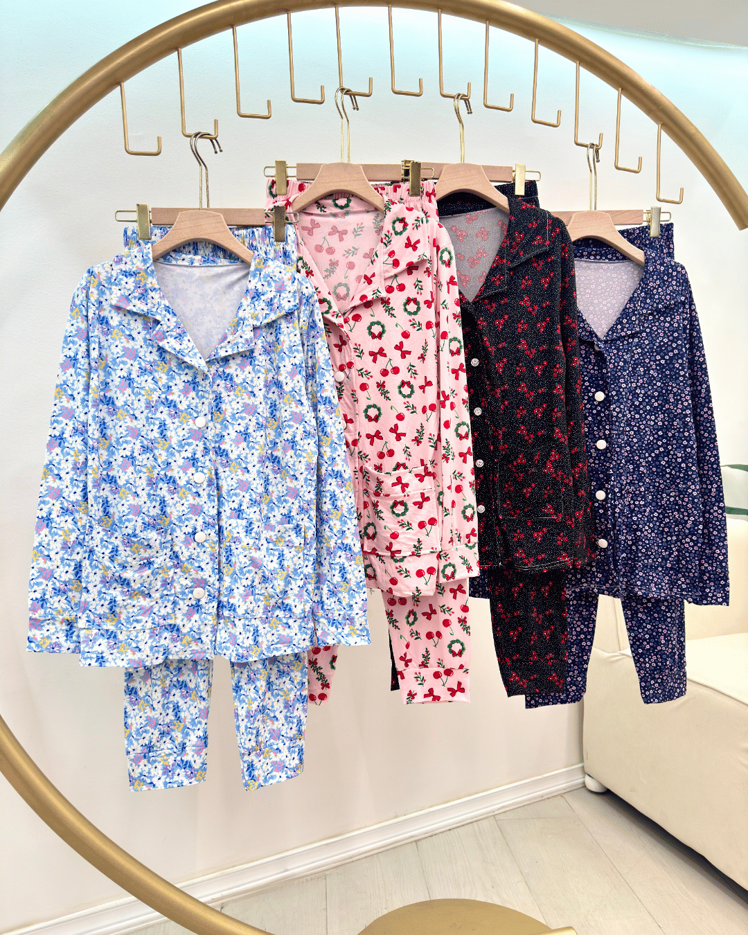 Women's Printed Cotton Blend Pajamas - Long Sleeve Button-Up Set - Image 2