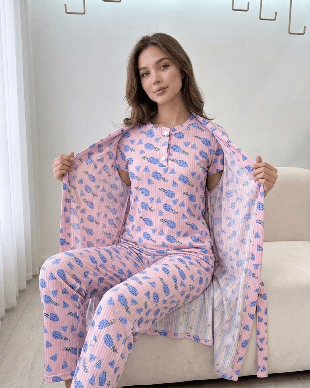 Women's Striped 3-Piece Set - Cotton Blend PJs with Robe (Regular & Plus Size)