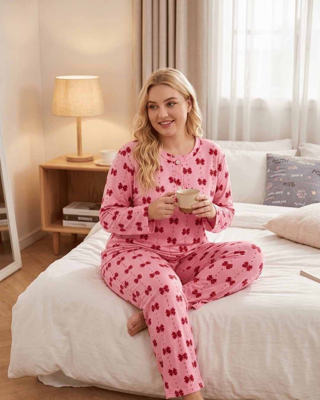 Women's Plus Size Cotton Blend Pajamas - Printed Long Sleeve Set
