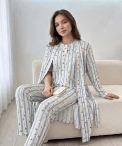 Women's 3-Piece Striped Pajamas - Short Sleeve Top & Robe Set (Regular & Plus Size)