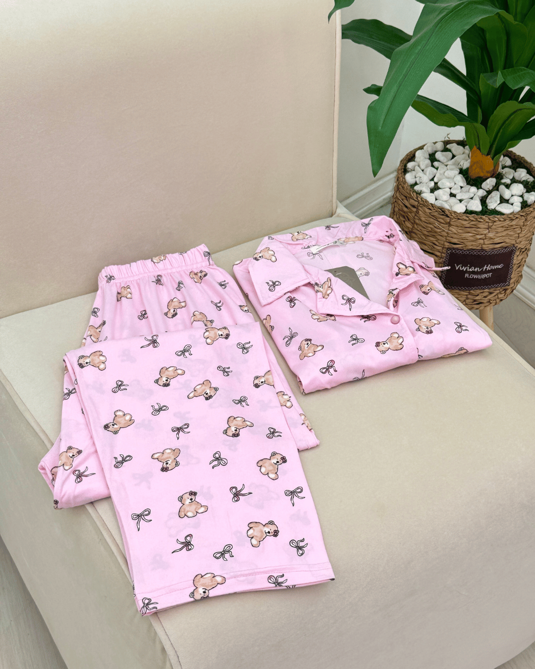 viscose Sweet Teddy Bear Pink Women's Pajama Set - Image 2