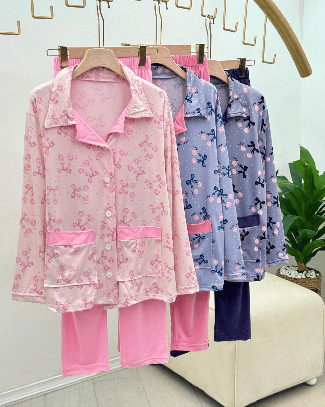 Women's Suzette Cherry & Bow Print Pajama Set with Solid Pants - Image 2