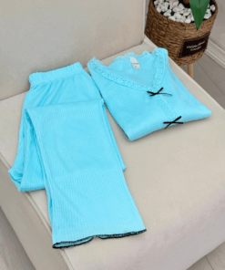 Cotton Ribbed Lace Trim Women's Pajama Set