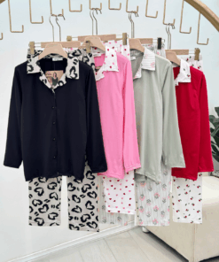 Alternative view of viscose Contrast Collar and Patterned Pants Women's Pajama Set