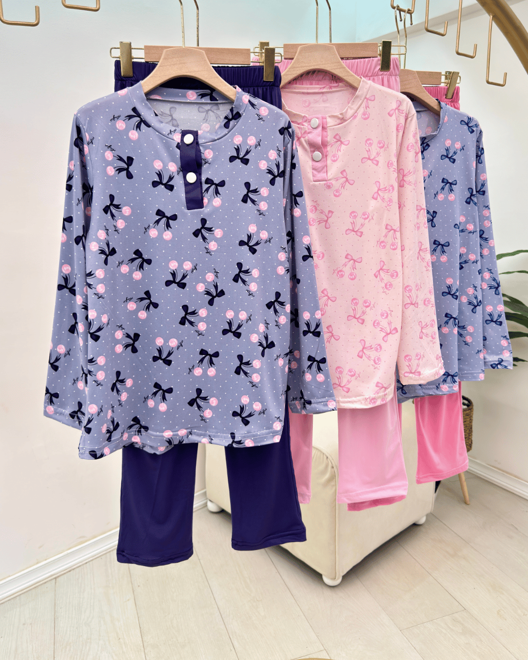 Sweet Bow & Cherry Cotton Blend 2-Piece Sleepwear - Image 2
