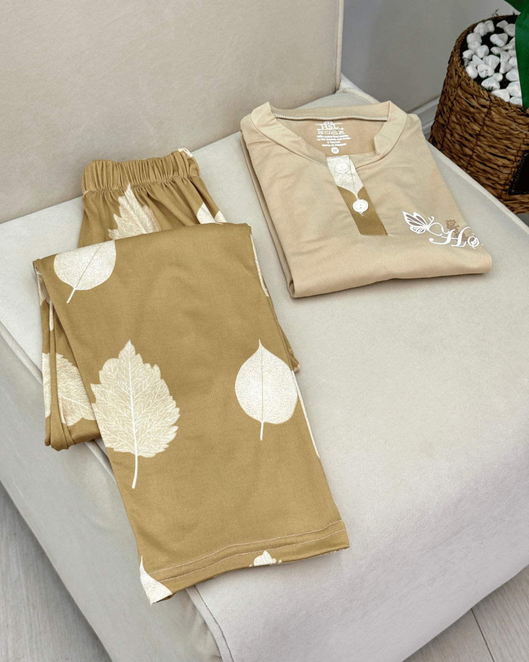 Serenity Leaf Print Cotton Blend Pajama Set ( Regular & Plus Size )